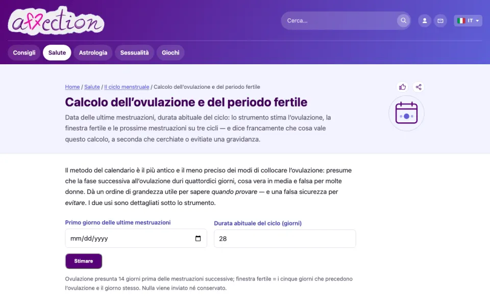 Schermata del calcolo dell'ovulazione di AffectionPlus