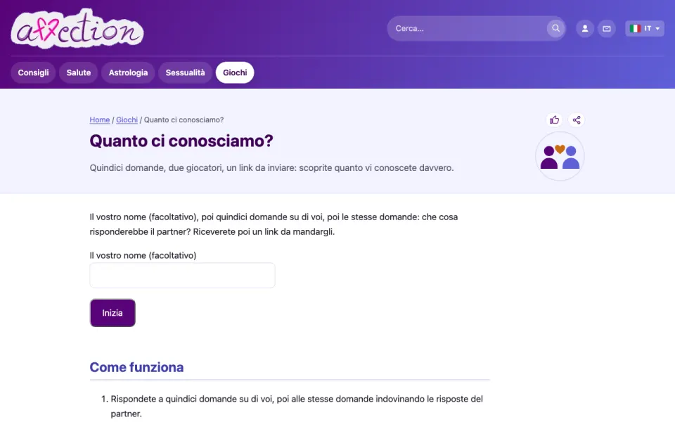 Schermata del gioco di coppia «Quanto ci conosciamo?» di AffectionPlus