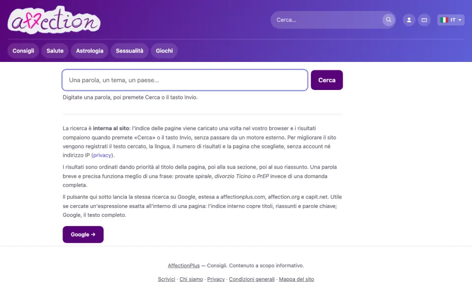 Schermata della pagina di ricerca di AffectionPlus