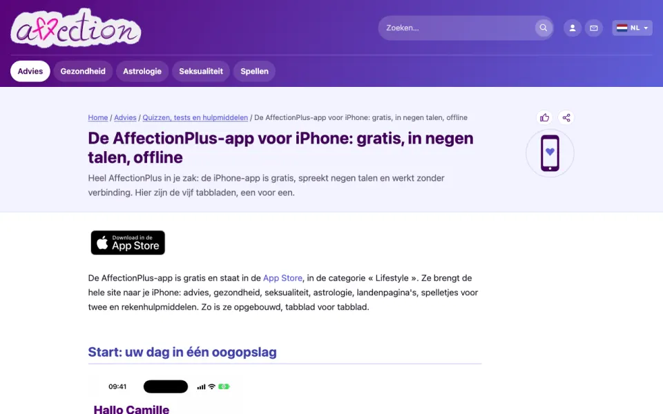 Schermafbeelding van de pagina over de iPhone-app van AffectionPlus