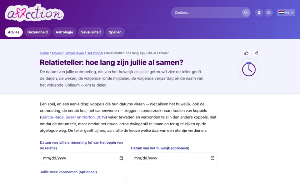 Schermafbeelding van de relatieteller van AffectionPlus