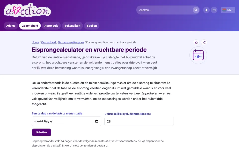 Schermafbeelding van de eisprongcalculator van AffectionPlus
