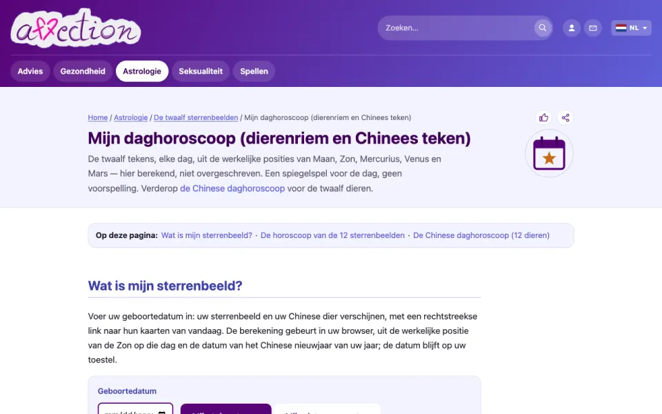Schermafbeelding van de daghoroscoop van AffectionPlus