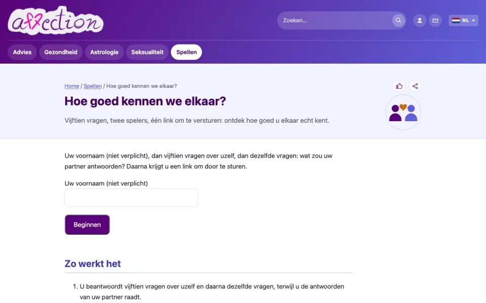 Schermafbeelding van het spel voor twee «Hoe goed kennen we elkaar?» van AffectionPlus