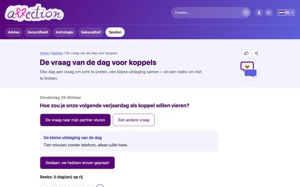 Schermafbeelding van de vraag van de dag van AffectionPlus