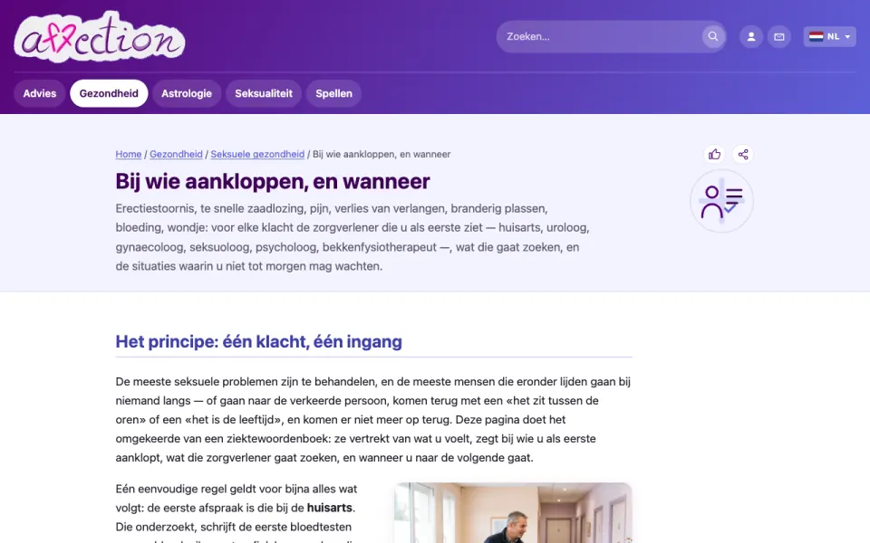 Schermafbeelding van de tool «Bij wie aankloppen?» van AffectionPlus