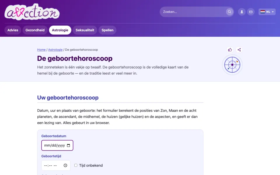 Schermafbeelding van de geboortehoroscoop-tool van AffectionPlus