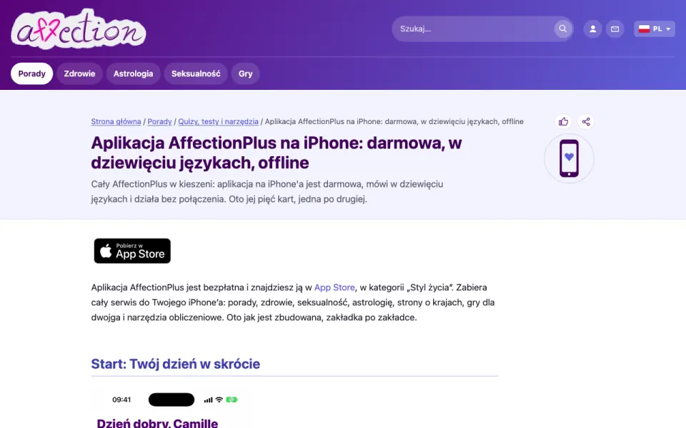 Zrzut ekranu strony aplikacji AffectionPlus na iPhone
