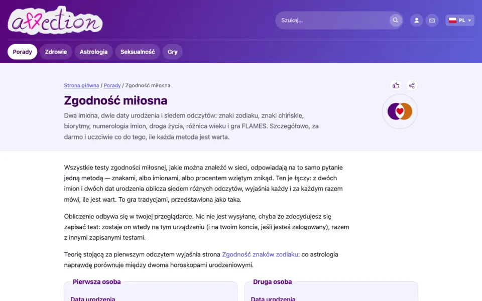 Zrzut ekranu testu zgodności miłosnej w AffectionPlus