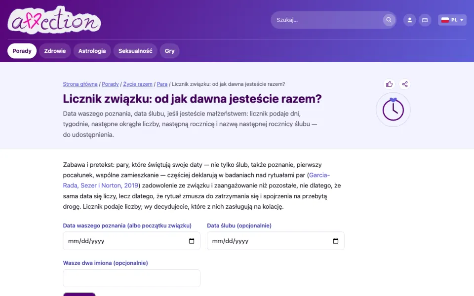 Zrzut ekranu licznika związku w AffectionPlus