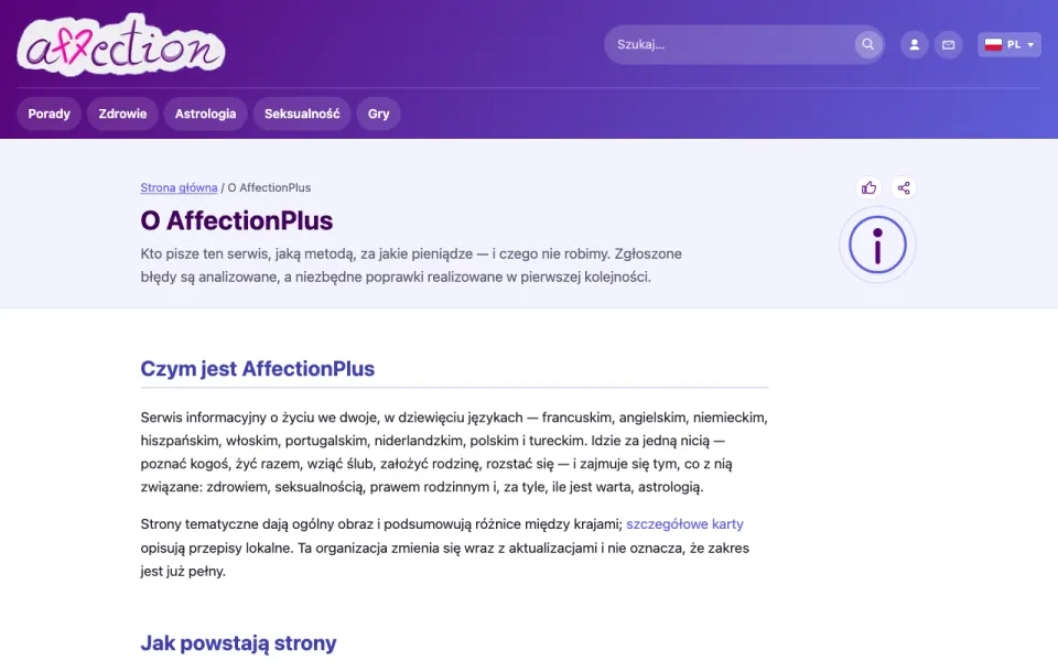 Zrzut ekranu strony O AffectionPlus