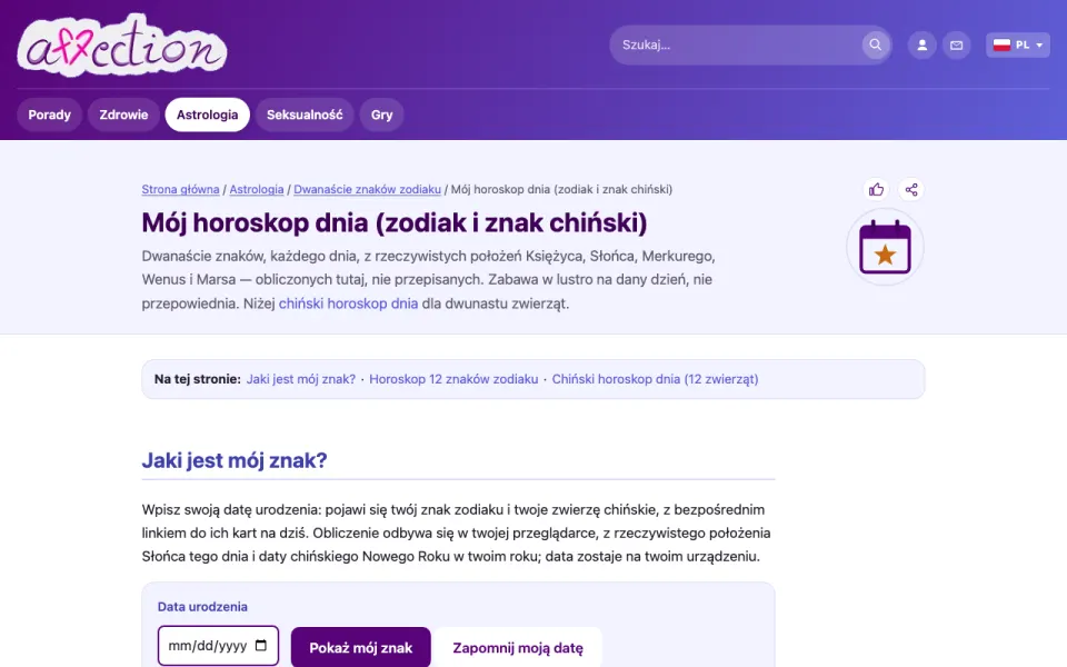 Zrzut ekranu horoskopu dnia w AffectionPlus
