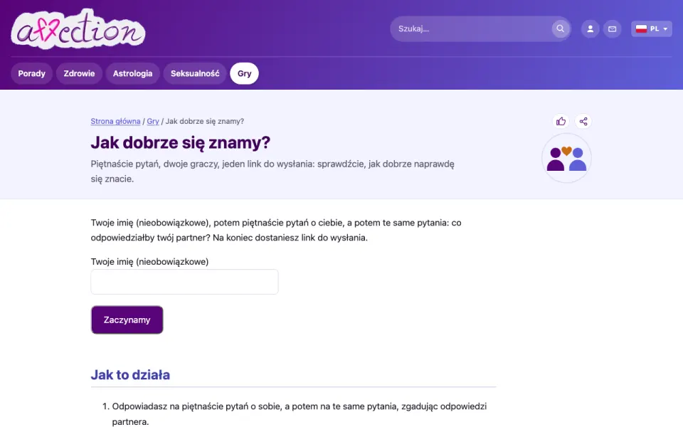Zrzut ekranu gry dla dwojga „Jak dobrze się znamy?” w AffectionPlus