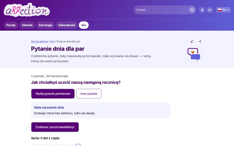 Zrzut ekranu pytania dnia w AffectionPlus