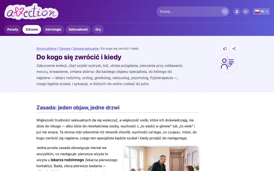 Zrzut ekranu narzędzia „Do kogo się zwrócić” w AffectionPlus