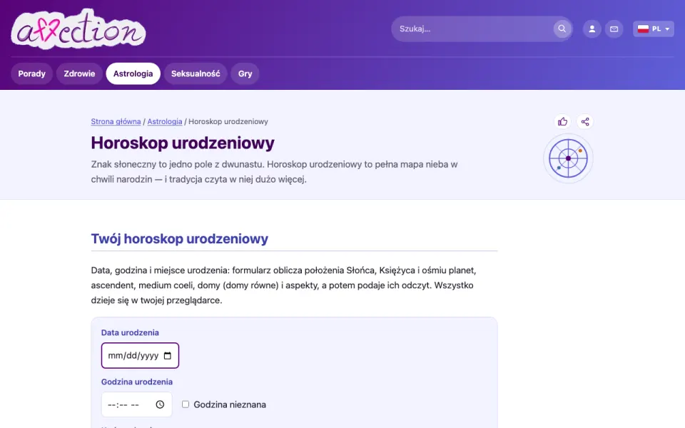 Zrzut ekranu narzędzia do horoskopu urodzeniowego w AffectionPlus