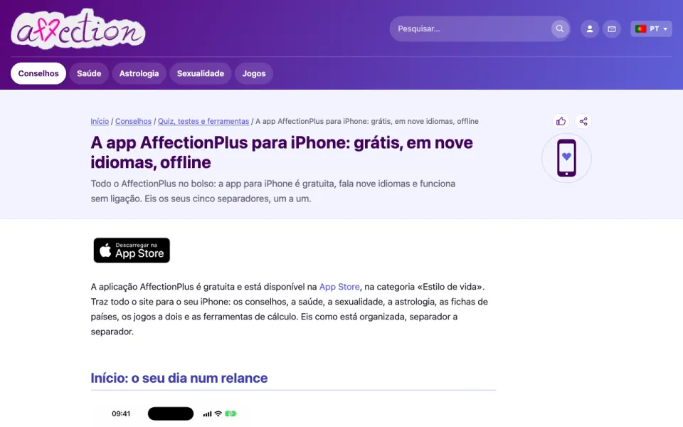 Captura de ecrã da página da app para iPhone do AffectionPlus