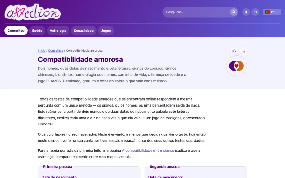 Captura de ecrã do teste de compatibilidade amorosa do AffectionPlus