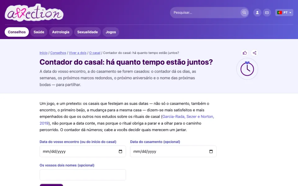 Captura de ecrã do contador do casal do AffectionPlus