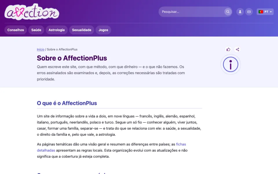 Captura de ecrã da página Sobre do AffectionPlus