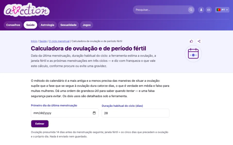 Captura de ecrã da calculadora de ovulação do AffectionPlus