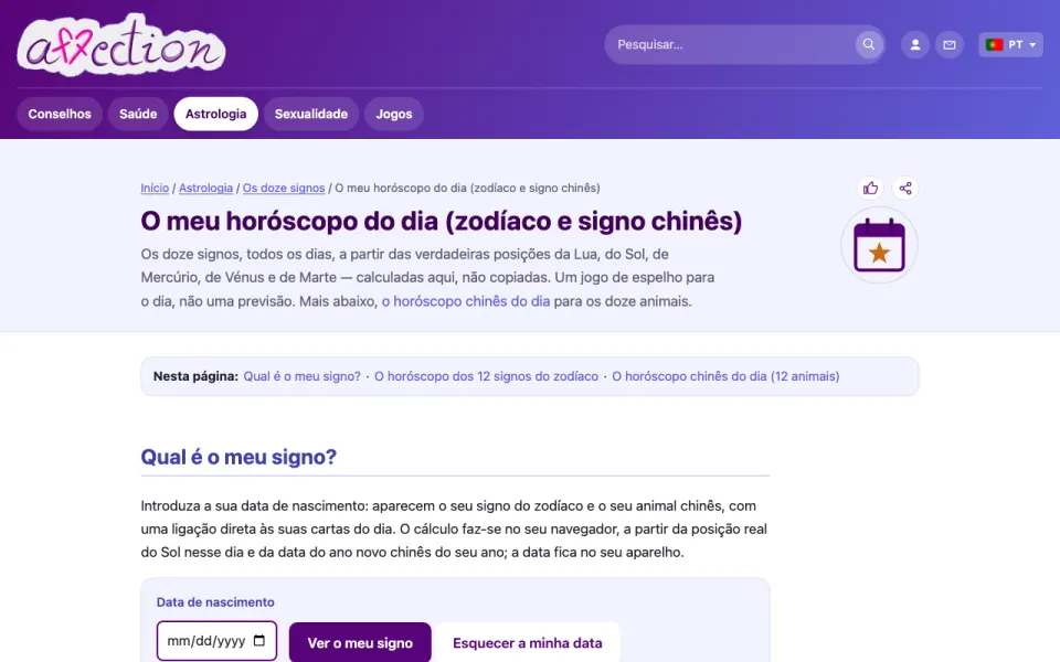 Captura de ecrã do horóscopo do dia do AffectionPlus