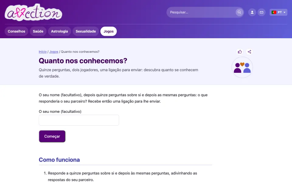 Captura de ecrã do jogo a dois «Quanto nos conhecemos?» do AffectionPlus