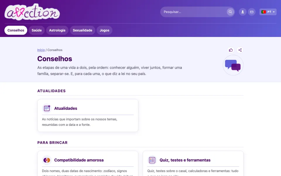Captura de ecrã da rubrica Conselhos do AffectionPlus