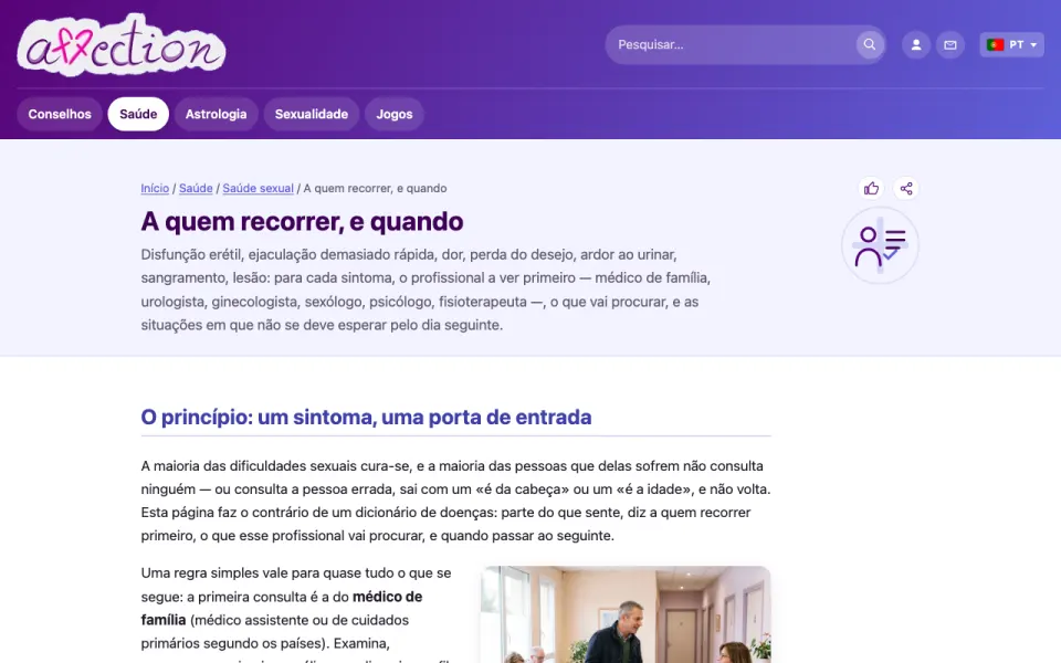 Captura de ecrã da ferramenta «A quem recorrer?» do AffectionPlus