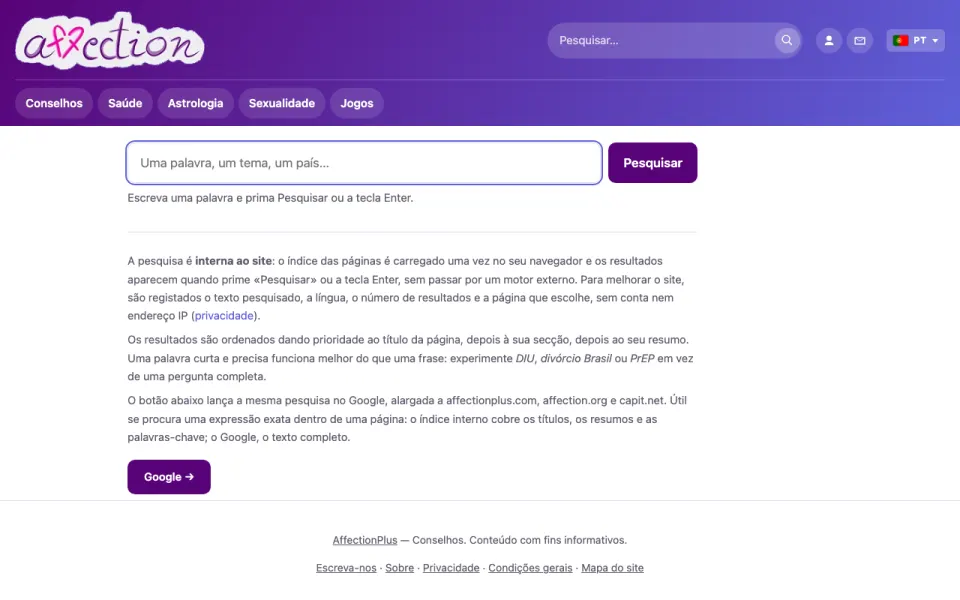 Captura de ecrã da página de pesquisa do AffectionPlus