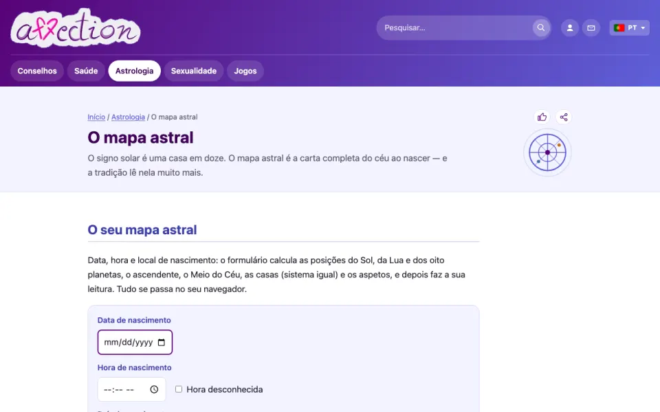 Captura de ecrã da ferramenta de mapa astral do AffectionPlus