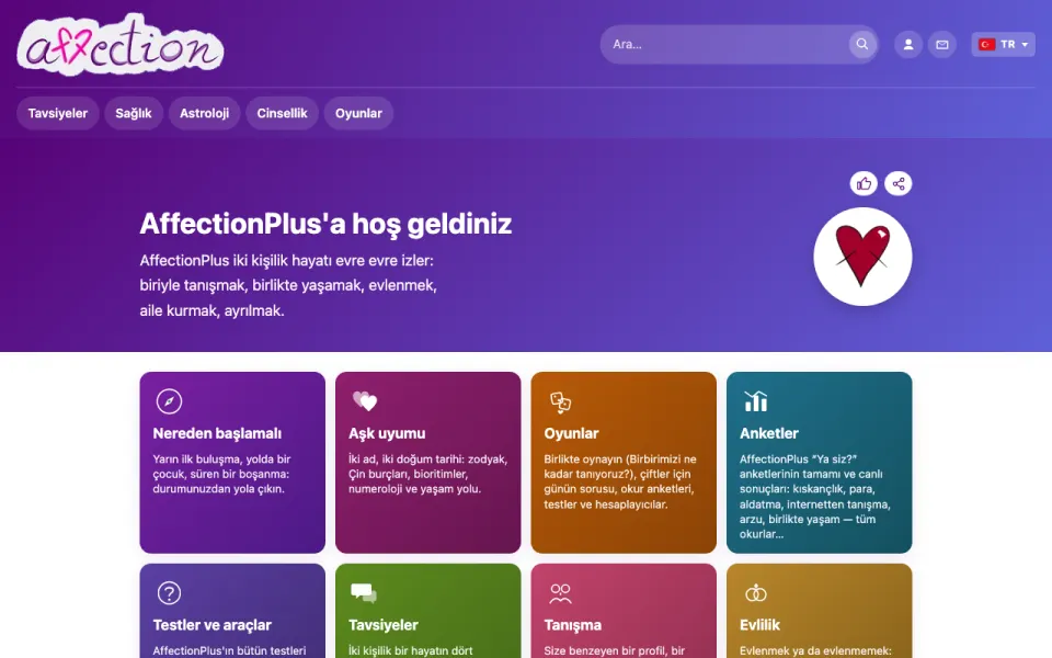 AffectionPlus ana sayfasının ekran görüntüsü