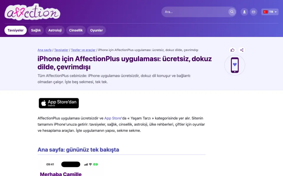 AffectionPlus iPhone uygulaması sayfasının ekran görüntüsü