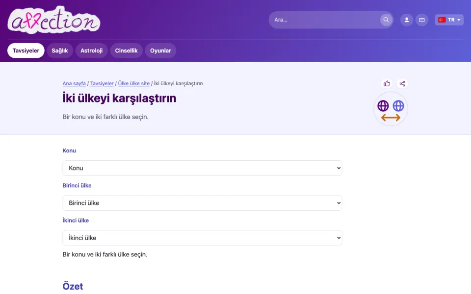 AffectionPlus iki ülke karşılaştırıcısının ekran görüntüsü