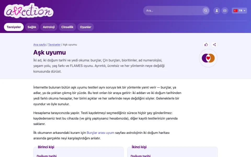 AffectionPlus aşk uyumu testinin ekran görüntüsü