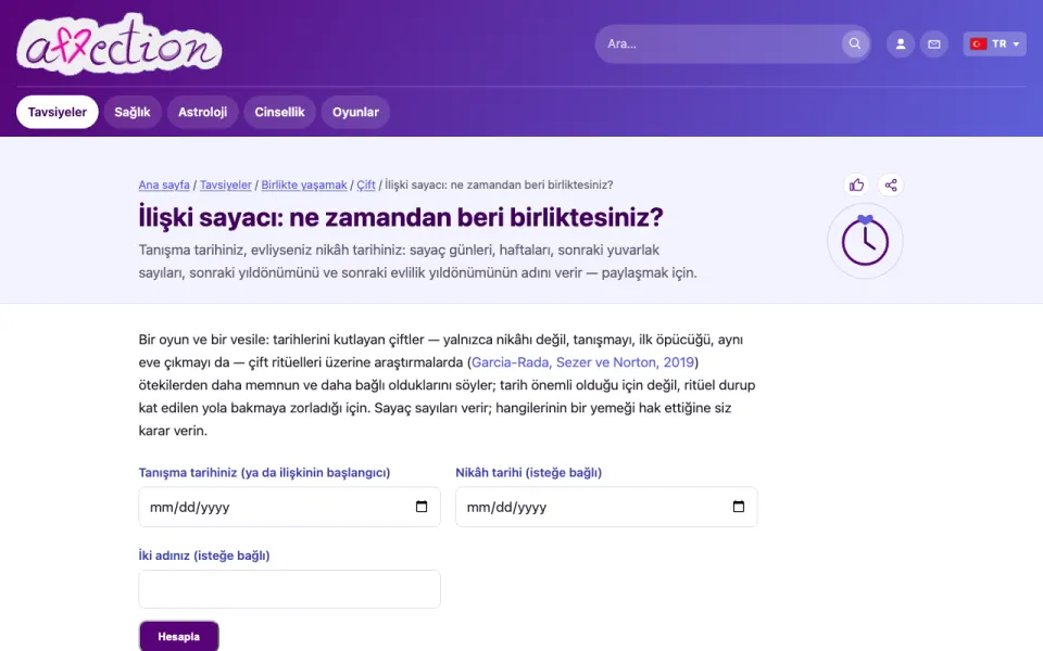 AffectionPlus ilişki sayacının ekran görüntüsü