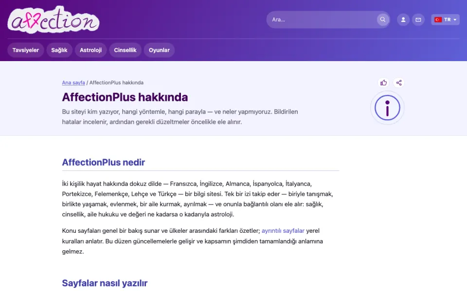AffectionPlus Hakkımızda sayfasının ekran görüntüsü