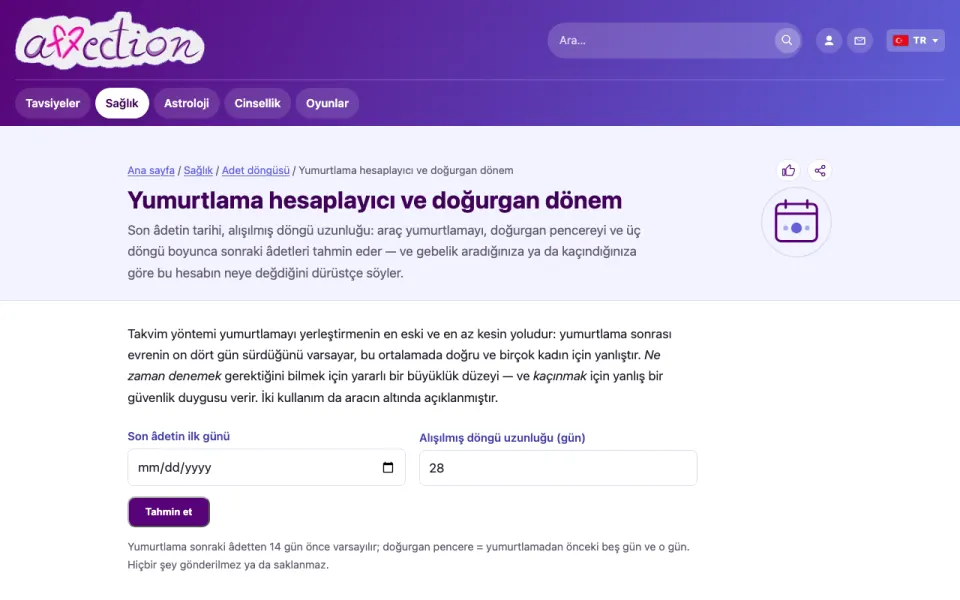 AffectionPlus yumurtlama hesaplayıcısının ekran görüntüsü