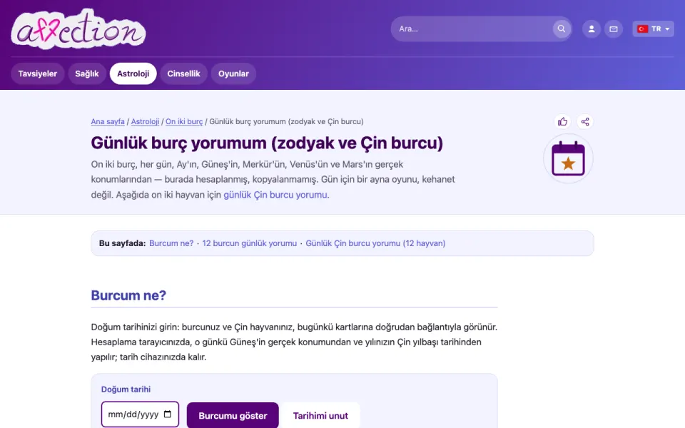 AffectionPlus günlük burç yorumunun ekran görüntüsü