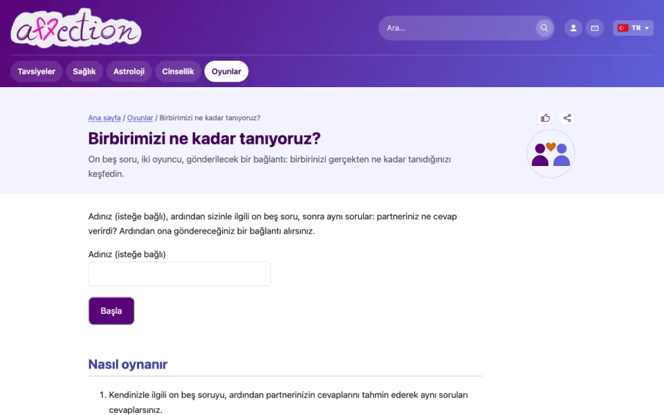AffectionPlus «Birbirimizi ne kadar tanıyoruz?» iki kişilik oyununun ekran görüntüsü