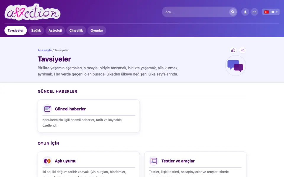 AffectionPlus Tavsiyeler bölümünün ekran görüntüsü