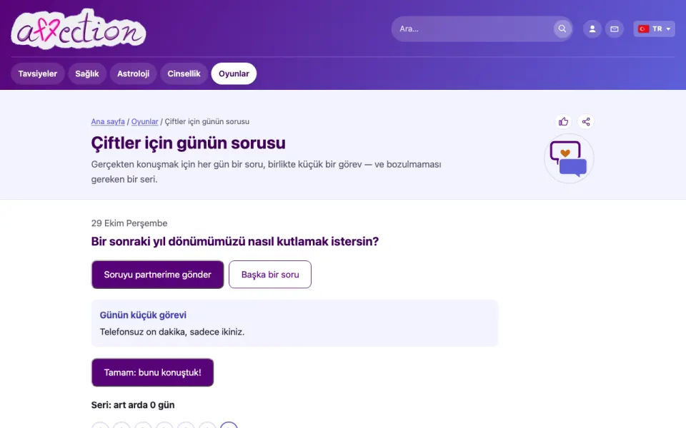 AffectionPlus günün sorusunun ekran görüntüsü