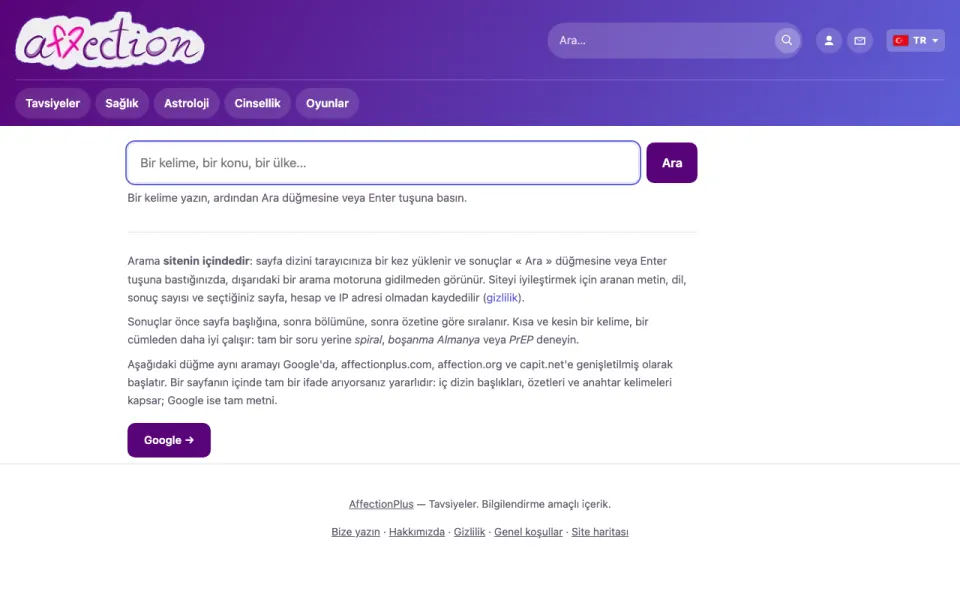 AffectionPlus arama sayfasının ekran görüntüsü