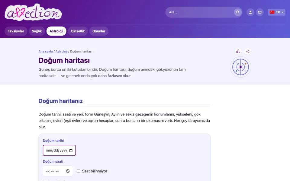 AffectionPlus doğum haritası aracının ekran görüntüsü