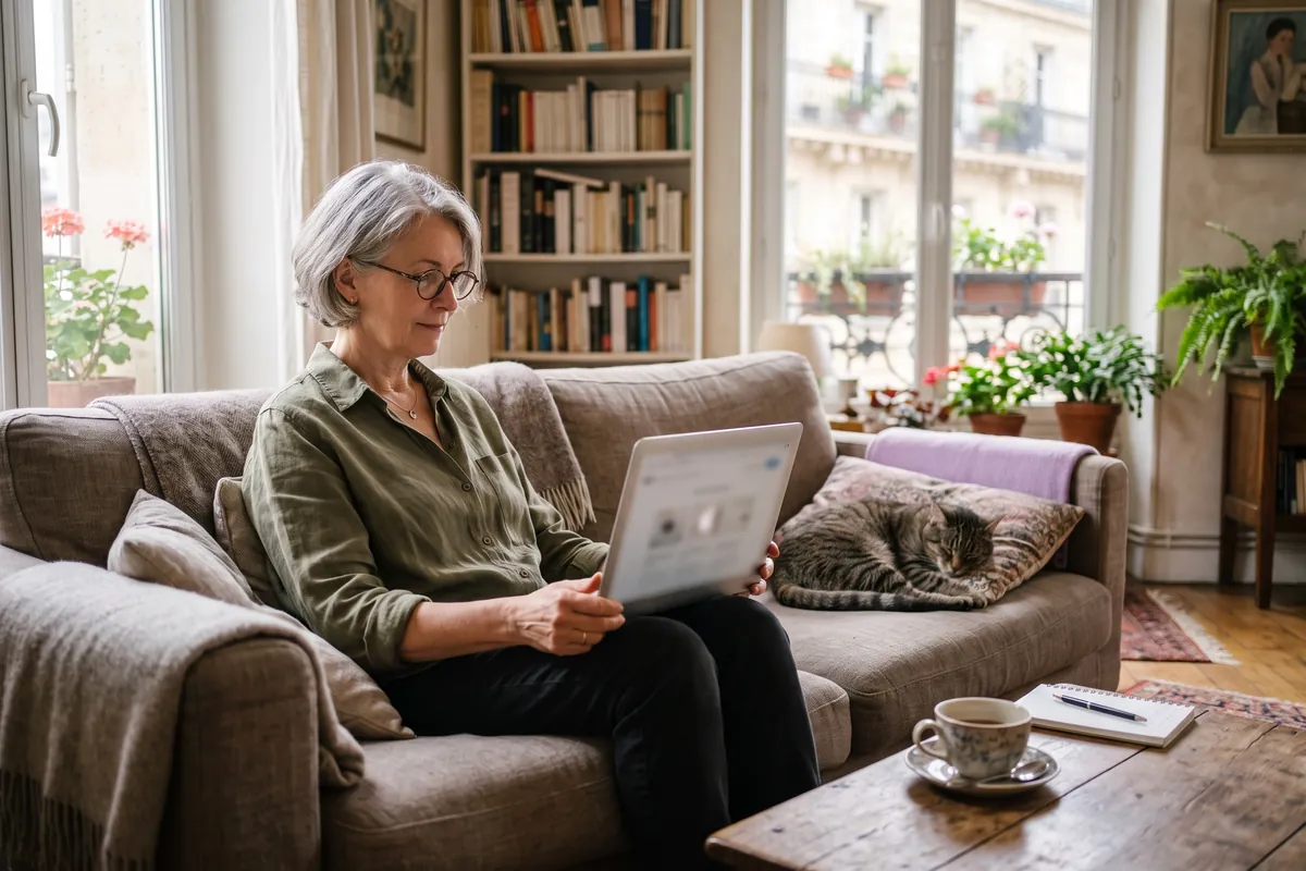 Une femme lit tranquillement une page web sur son ordinateur portable, assise sur un canapé
