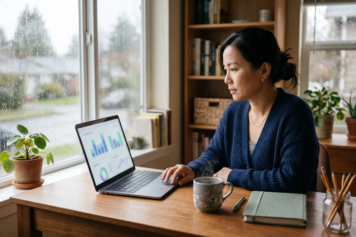 Une femme consulte des statistiques de fréquentation sur un ordinateur portable, dans un bureau à domicile