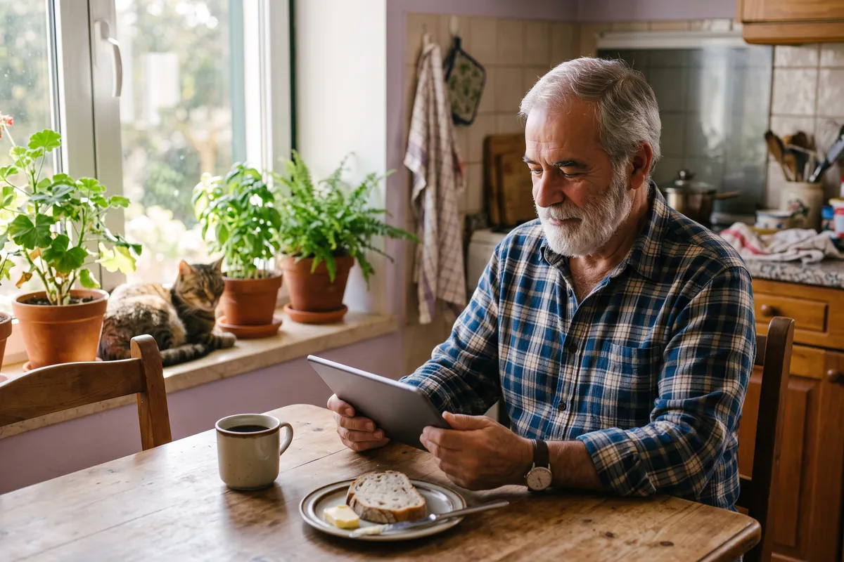 Un homme lit une lettre d'information sur une tablette, attablé dans sa cuisine au petit déjeuner