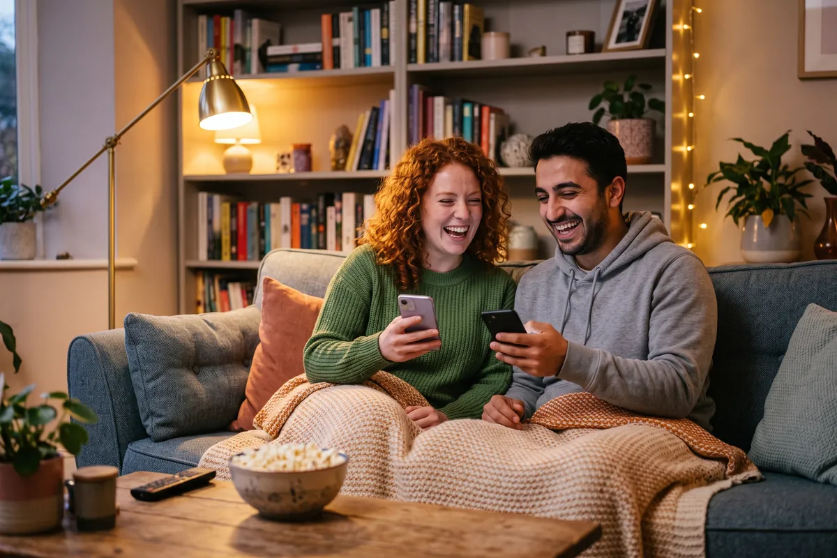 Un couple assis sur un canapé compare en riant ses réponses à un jeu à deux sur leurs téléphones