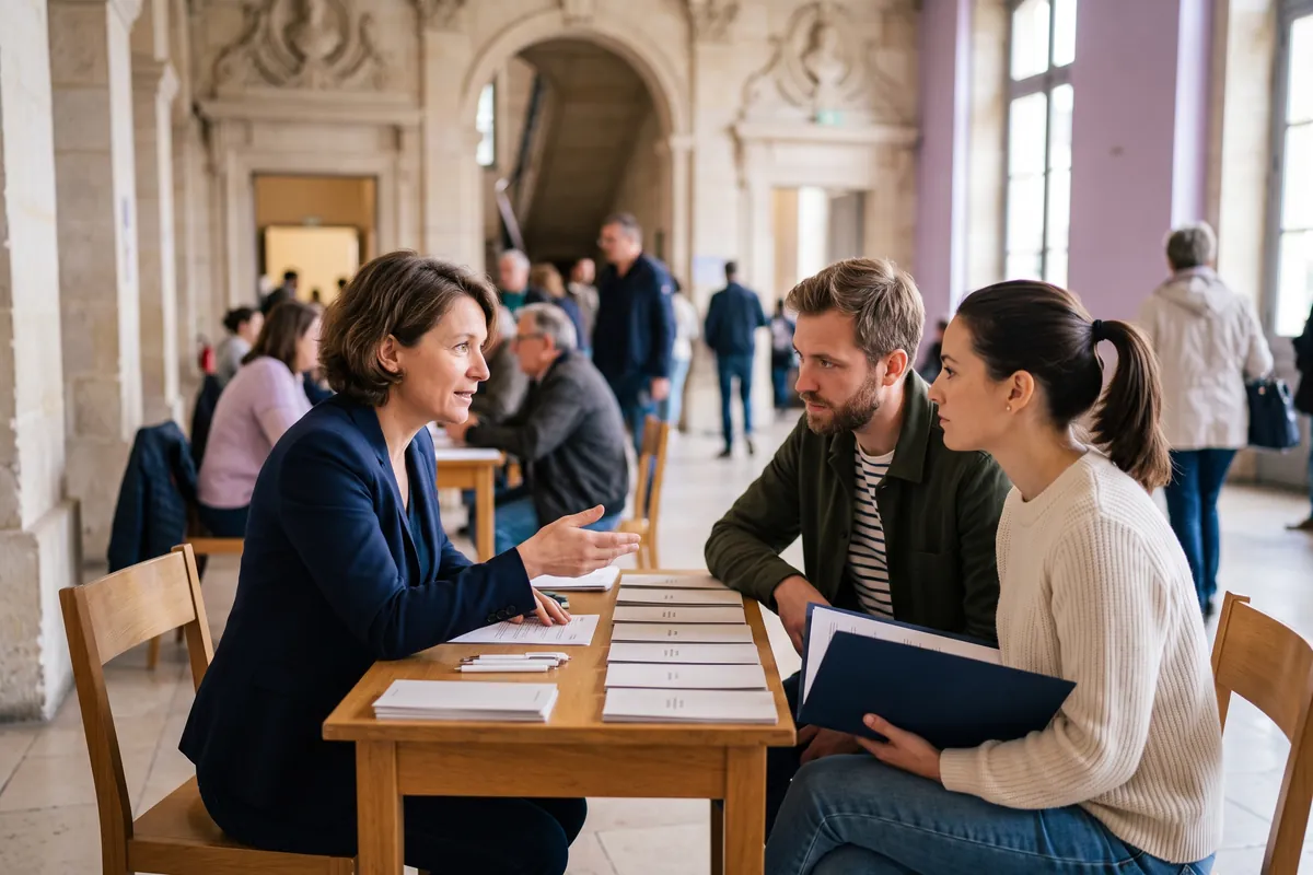 Un couple écoute une juriste à un point d'accès au droit installé dans le hall d'une mairie