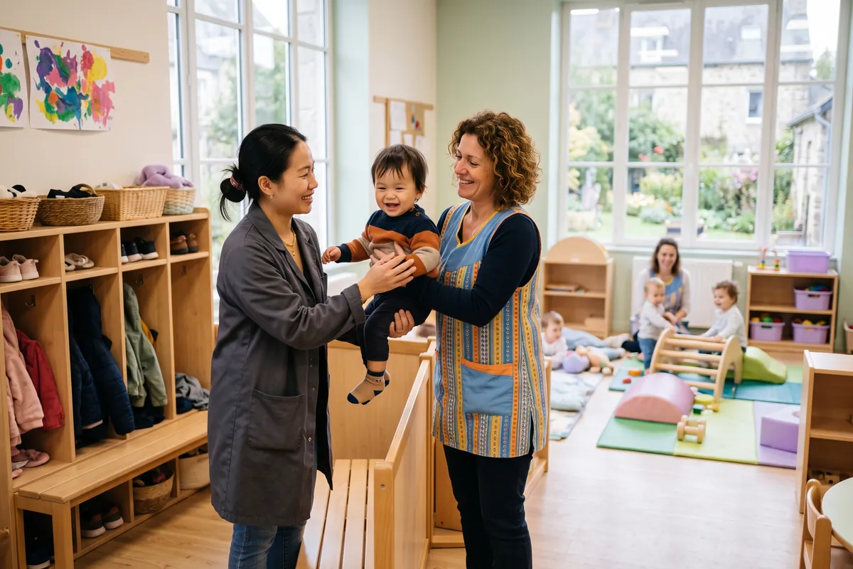 Uma mãe entrega o filho pequeno a uma educadora de creche de manhã